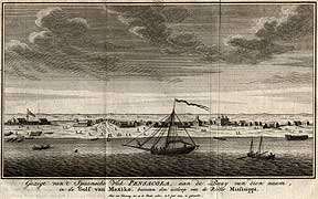 Gezigt van't Spaansche vlek Pensacola …. Page from: Hedendaagsche Historie of Tegenwoordige Staat van America … Amsterdam: Isaak Tirion, 1769. HMSF, gift of Mrs. George Deedmeyer, 1974. Tristán de Luna y Arellano attempted to establish a settlement at Pensacola Bay in 1559. It lasted less than two years. Many years later, a race to settle Pensacola Bay developed between Britain, France and Spain. In 1598 Captain Juan Jordán de Reina and Colonel Andrés de Arriola established a fort at the entrance to the bay. A garrison town quickly followed. The Spanish had won, for the time being. In 1743 Frenchman Dominic Serres drew the picture on which this engraving is based. It shows Santa Rosa Island looking south from inside the bay, and is the first eyewitness view of Pensacola. A few years later, Serres immigrated to England, where he became a well-known seascape painter. Image no. 1974-056-1