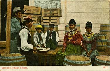 During the second half of the century, white settlers established trading posts, where Seminoles bartered alligator hides, pelts and bird feathers for cloth, beads, and sewing machines. Postcard, ca. 1900. 1984-100-23