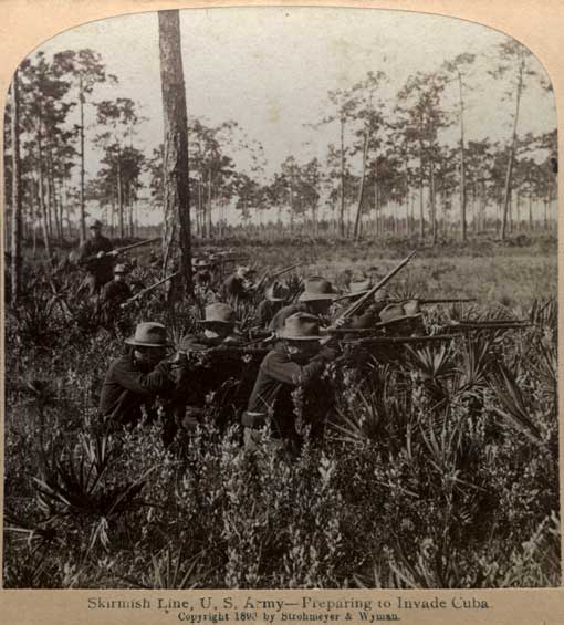 Skirmish line, U.S. Army : preparing to Invade Cuba. New York : Underwood & Underwood, 1898. Image number 1986-110-2