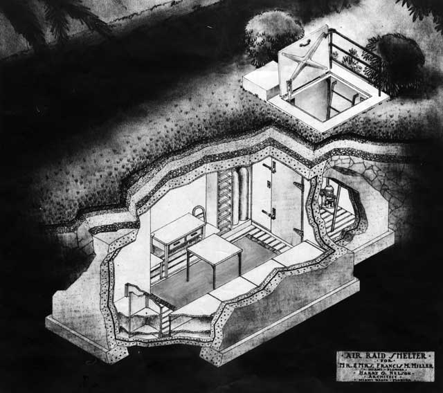 Architect Harry O. Nelson’s rendering of an air raid shelter for a private dwelling in Miami in 1940 serves as a portent of things to come. The comfortable structure is complete with rug and oxygen tank. December 17, 1940. Miami News Collection, HistoryMiami. 1989-011-82.