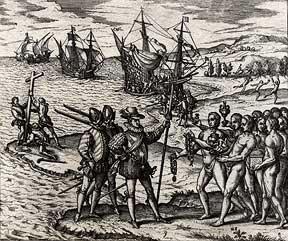 Columbus Reaches San Salvador. Frankfurt: Theodor de Bry, 1594. HMSF, gift of Marcia Kanner. The Spanish presence in the New World began on October 12, 1492, when Christopher Columbus and his crew landed in the Bahamas. From the start, the Spanish were motivated by two urges--to conquer new-found lands and to convert indigenous peoples to Catholicism. Juan Ponce de León accompanied Columbus on his second voyage the following year. In 1513 Ponce de León and his companions became the first Europeans known to have visited Florida. Indians killed him in 1521, when he returned to establish a colony on the west coast. Image no. 1991-306-1