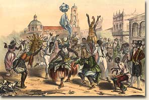 Fréderic Mialhe, 1810-1881. Dia de Reyes. Havana: Bernardo May, 1853. In nineteenth-century Cuba, people of African descent were organized in cabildos-associations related to African 