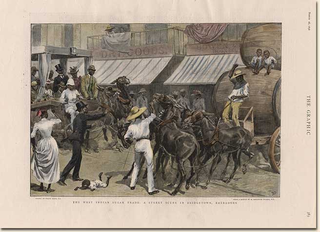 Frank Dadd (1851-1910). The West Indian Sugar Trade: a Street Scene in Bridgetown, Barbadoes. London?: The Graphic, 1898. Frank Dadd was a well-known English artist during the late nineteenth and early twentieth century. Dadd achieved popularity through his wide range of scenes of English life. He contributed to the Illustrated London News, and eventually moved on to The Graphic. He visited the Caribbean during the late nineteenth century. Image no. 2002-371-2