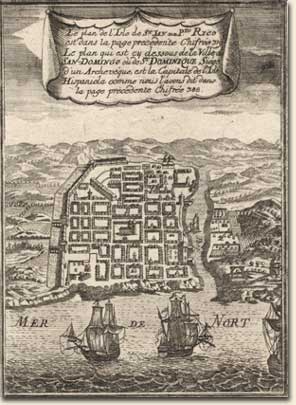 Alain Manesson Mallet, 1630?-1706? ... la ville de San-Domingo ou de St. Dominique ... la capitale de l isle Hispaniola ... Germany, 1686. The Spanish conceived of towns as central to the colonization of the Caribbean. Among the official regulations for towns, as stated in the Law of the Indies, were a grid of streets, a main plaza and a cathedral. Alain Manesson Mallet was a French geographer, engineer and mathematician in the service of Louis XIV. This miniature plan of Santo Domingo is from the German edition of his multi-volume work titled Description de l'Univers (1686). Santo Domingo, founded in 1498, is the oldest surviving town established by the Spanish in the Americas. A wall to the west and north provided protection from attacks. Image no. 2004-239-1