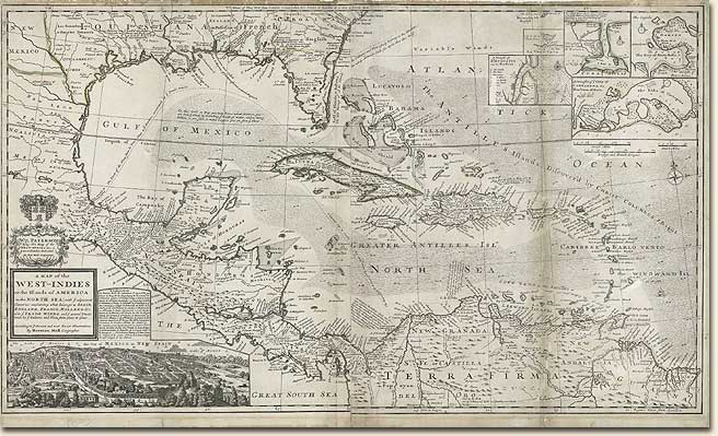 Herman Moll, d. 1732. A map of the West-Indies or the islands of America in the North Sea: with ye adjacent countries; explaning [sic] what belongs to Spain, England, France, Holland &c. also ye trade winds, and ye several tracts made by ye galeons and flota from place to place. London: printed for Tho. Bowles in St. Pauls Church Yard and John Bowles at the Black Horse in Cornhill, 1715? Europeans' mapping of the Caribbean was fundamental to their conception and possession of the region. This map provides information of great importance to eighteenth-century Europeans-the locations of their colonies, the routes of the Spanish treasure ships (upon which other nations preyed) and the prevailing winds on which their sailing ships depended. Gift of Bruce Matheson, 2004. Image no. 2004-254-1