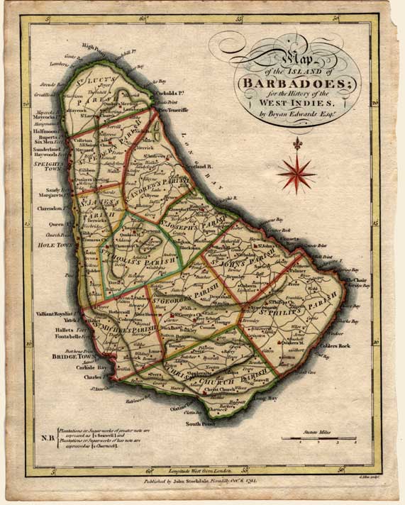 George S. Allen, fl. 1790-1821. Map of the Island of Barbadoes. Piccadilly (London): John Stockdale, 1794. This map originally illustrated a multi-volume book, The History, Civil and Commercial, of the British Colonies in the West Indies, by Bryan Edwards. Image no. 2004-317-1