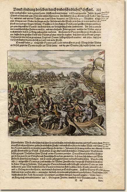 Theodor de Bry, 1528-1598. Explorers Ojeda and Vespucci Attacked by Carib Indians. Frankfurt: Johanne Gottfriedt, 1631. In this view, conquistador Alonso Ojeda and crew, including Amerigo Vespucci, are seen landing on Dominica in 1499. About 500 Carib Indians waged a fierce battle to repel these first Europeans to appear on the island. Image no. 2004-320-1