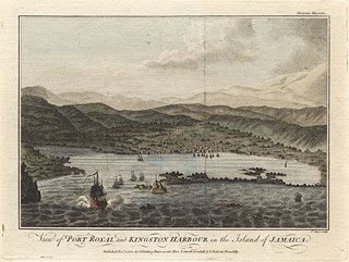 Francis Cary, 1756-1836. View of Port Royal and Kingston Harbour in the island of Jamaica. European Magazine, 1782. 21 x 26 cm. Historical Museum of Southern Florida, 2004-332-1. Port Royal is in the foreground, while Kingston is on the far side of the harbour.