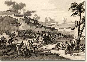 Attaque et Combat de Leogane, St. Domingue. Paris?: Delloye?, 1835? Between 1791 and 1803 the enslaved Africans of Saint-Domingue rebelled and drove the French colonists out of the country. In 1804, Haiti, thus, became the first free black nation in the Western Hemisphere. During the Haitian revolt, France sent soldiers to Haiti to quell the rebellion, Great Britain invaded southern Haiti, and Spain, which held the eastern half of the island, maneuvered to take Haiti for a colony. All were defeated. This print shows French soldiers skirmishing near Léogâne, a town located on Haiti's southern peninsula, west of Port-au-Prince. Image no. 2005-229-1
