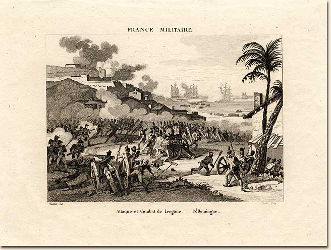 Attaque et Combat de Leogane, St. Domingue. Paris?: Delloye?, 1835? Between 1791 and 1803 the enslaved Africans of Saint-Domingue rebelled and drove the French colonists out of the country. In 1804, Haiti, thus, became the first free black nation in the Western Hemisphere. During the Haitian revolt, France sent soldiers to Haiti to quell the rebellion, Great Britain invaded southern Haiti, and Spain, which held the eastern half of the island, maneuvered to take Haiti for a colony. All were defeated. This print shows French soldiers skirmishing near Léogâne, a town located on Haiti's southern peninsula, west of Port-au-Prince. Image no. 2005-229-1