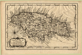 Jacques Nicolas Bellin, 1703-1772. Carte de l’isle de la Jamaïque. Paris, 1758. 21 x 32 cm. Historical Museum of Southern Florida, 2006-220-1. Port Royal is located on the peninsula in the southeast of the island.