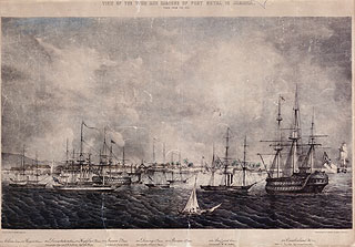 Adolphe Duperly, 1801-1865. View of the town and harbour of Port Royal in Jamaica. Kingston, 1855. 46 x 68 cm. National Library of Jamaica, NLJ P/214/VIII. This lithograph depicts Royal Navy ships of various sizes. Originally an engraver and lithographer from France, Adolphe Duperly settled in Jamaica in 1824 and established a photography firm that was continued by his family into the early 20th century.