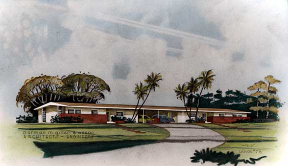 Norman Giller and other postwar architects perceived military projects as a testing ground for new housing plans and types. Giller's Lieutenant's and Captain's House at the Homestead Air Force Base is an updating of the Florida vernacular dogtrot house in which the central open area becomes a carport. Courtesy of Giller & Giller, Inc.