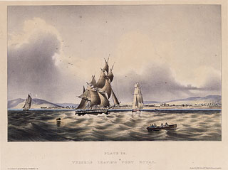 Joseph Bartholomew Kidd, 1808-1889. Vessels leaving Port Royal. London, 1838. 46 x 68 cm. National Library of Jamaica, NLJ 629 Ja kidd plate 29. British artist Joseph Kidd painted many scenes in Jamaica during the 1830s. This lithograph was published as part of his West Indian Scenery, Illustrations of Jamaica.