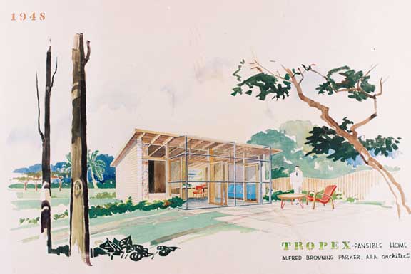 Alfred Browning Parker's 'Tropex-pansible Home' illustrates his interest in developing a minimum, but flexible and expandable, house for the postwar nuclear family. The project follows prewar explorations in minimal living spaces carried out by German Bauhaus architects, under the term 'existenzminimum.' Parker's small pavilion with a shed roof served as a platform for additions as a family grew. Courtesy of Smathers Libraries, University of Florida.