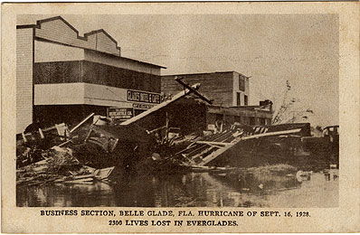 More than 2,000 people died during the 1928 hurricane when the lands near and south of Lake Okeechobee flooded. The tragedy stimulated an interest in flood control. Postcard, 1928. 1980-053-35