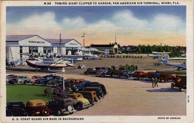 Gerecke, William Franklin. Towing giant Clipper to hanger, Pan-American terminal, Miami,Fla. Chicago: Curt Teich & Co., circa 1935. HistoryMiami, 1981-142-182.