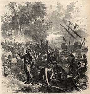 Landing of De Soto in Florida. Ballou's Pictorial Drawing-Room Companion, 1855. In 1537 the king of Spain granted Hernando de Soto the governorship of Cuba and the right to conquer Florida. Within a few years, De Soto had assembled an army of soldiers, priests and craftsmen. They landed in Tampa Bay and began a four-year expedition through Florida and the Southeast. In 1542 De Soto died of fever near the Mississippi River. Of the 700 men in the expedition, 311 made it back to a Spanish settlement in Mexico. Image no. 1983-097-17