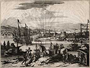 Pagus Hispanorum in Florida. (Florida Countryside.) Dapper, 1673. Based on a print in De Nieuwe en onbekende weereld / Arnoldus Montanus. -- Amsterdam: J. Meurs, 1671. This fanciful view of the Castillo de San Marcos and some of St. Augustine's residents was drawn by a European artist who probably never traveled to the New World. The colony of Florida never attained self sufficiency and depended upon an annual stipend from Mexico. It remained strategically important, however, as Spanish galleons sailed up the Gulf Stream just off Florida on their return voyage to Spain. Image no. 1989-165-1