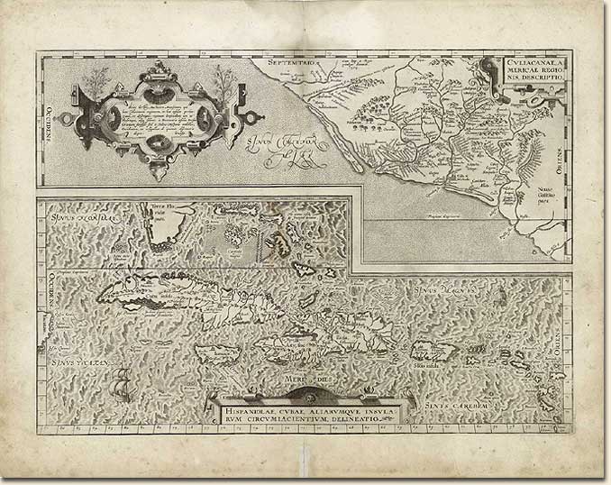 Abraham Ortelius, 1527-1598. Hispaniolae, Cvbae, Aliarvmqve, Insvla Rvm circvmiacientivm, delineatio. Amsterdam, 1609. The lower map shows South Florida, Bahamas, Cuba, Jamaica, Hispaniola, Puerto Rico and islands south to Martinique. The top map shows part of Mexico. The Flemish mapmaker Ortelius published the first modern world atlas in 1570, with revised editions continuing to 1612. This map comes from that atlas.