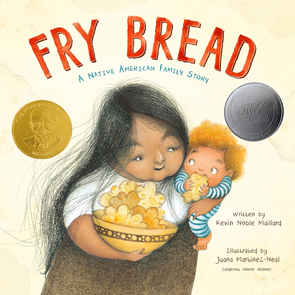 Book cover of the children's book Fry Bread. The Cover features a drawing of an older woman with long hair holding a young child and a basket of fry bread.