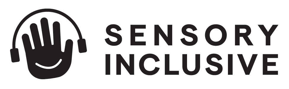 Sensory Inclusive icon; a cartoon graphic hand with fingers splayed wears headphones with the words, "sensory inclusive"