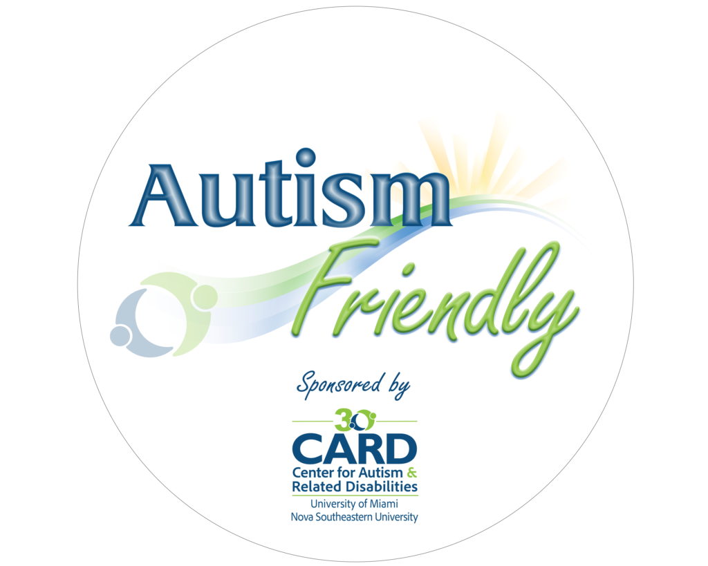 Round logo with green and blue text on a white background that reads, "Autism Friendly sponsored by Center for Autism & Related Disabilities at UM-NSU"