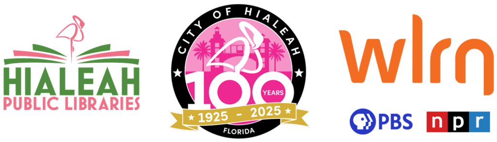 Logos for Hialeah Public Libraries, City of Hialeah, and WLRN
