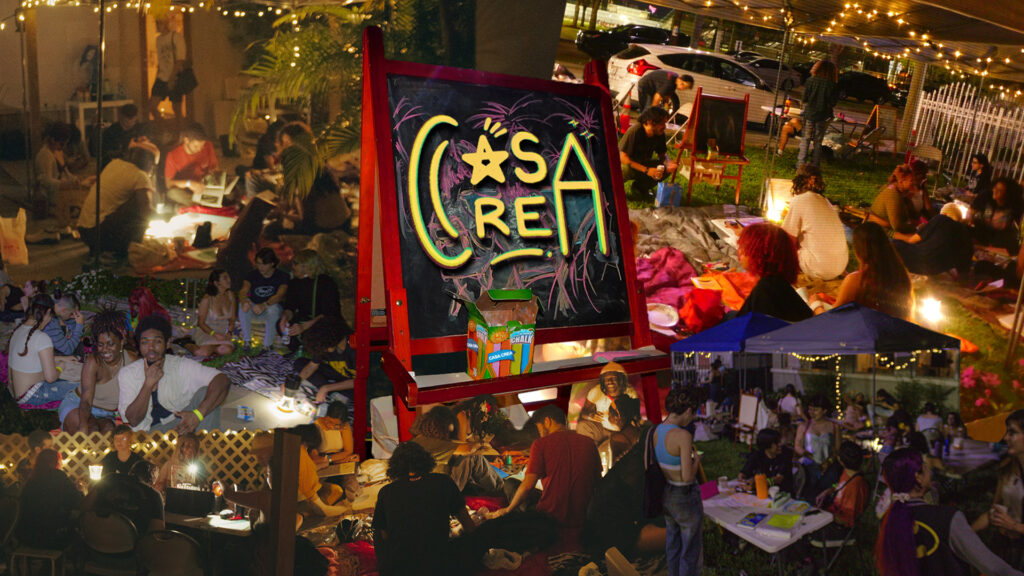 Photo collage of people seated participating in art making activities. In the center, a sign reads, "Casa Crea."