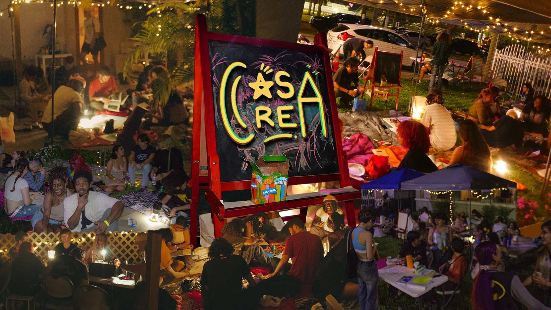 Photo collage of people seated participating in art making activities. In the center, a sign reads, "Casa Crea."
