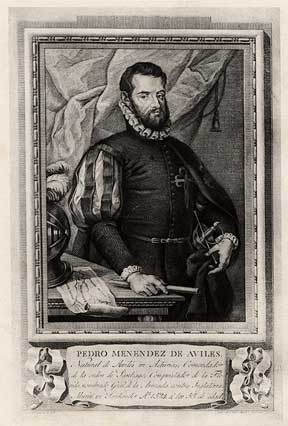 Pedro Menéndez de Avilés. Illustration from: Gonzalo Solís de Merás. Pedro Menéndez de Avilés. Deland: Florida State Historical Society, 1923. HMSF, gift of J. Deering Danielson. Pedro Menéndez de Avilés founded St. Augustine and the Spanish colony La Florida in 1565. Image no. 2001-419-1