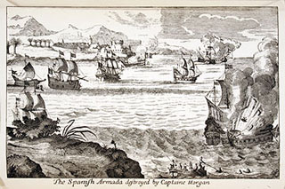 The Spanish armada destroyed by Captaine Morgan. From John Esquemeling (Alexandre Exquemelin), The Buccaneers of America (London: Swan Sonnenschein & Co., 1893). 14 x 20 cm. Historical Museum of Southern Florida. This attack took place in 1669 near Maracaibo on the Spanish Main.