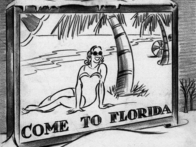 drawing of woman in one piece bathing suit and palm tree