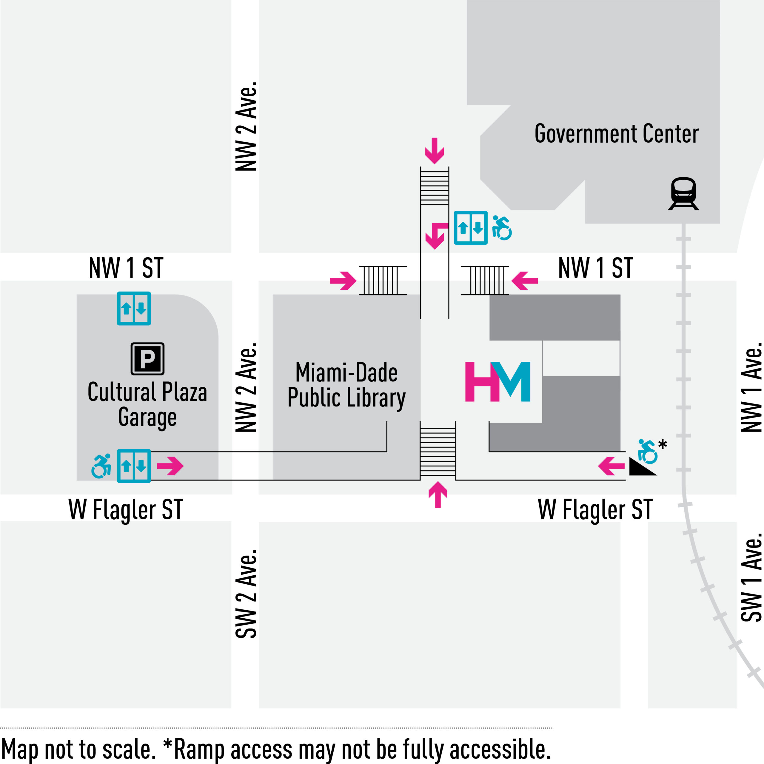 View of the museum and surrounding areas. Highlighted locations include HistoryMiami Museum, Government Center, Miami-Dade Public Library, and the Cultural Plaza Garage.