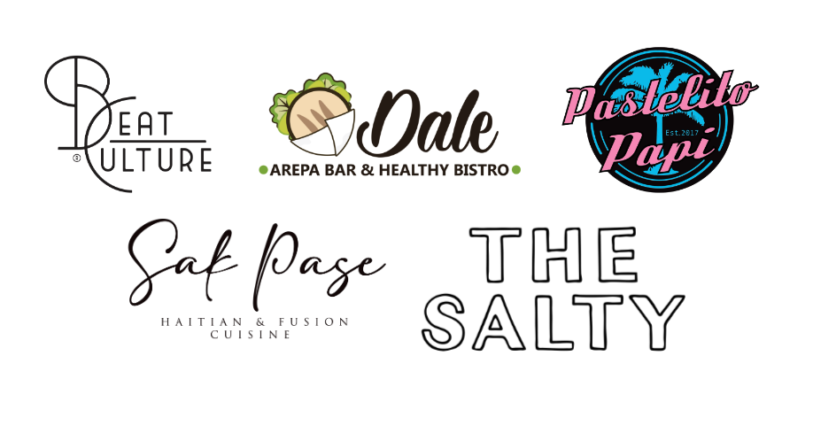 Logos for Beat Culture, Dale Arepa Bar & Healthy Bistro, Pastelito Papi, Sak Pase Haitian & Fusion Cuisine, and The Salty Donut 