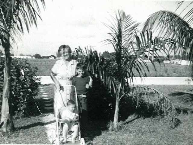 A black and white photo of a woman standing with a boy and a child in a stroller on a lawn, flanked by palm trees