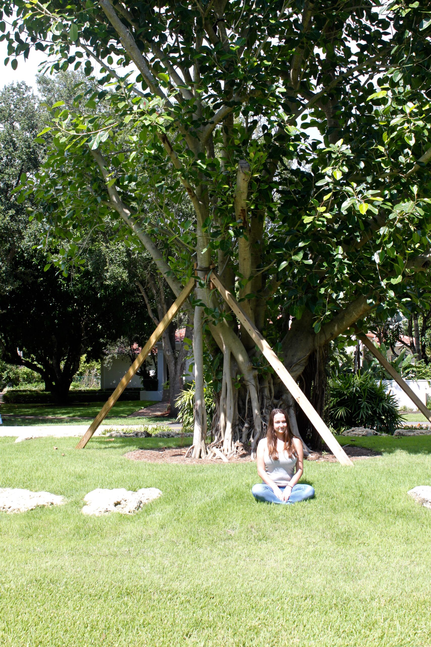 A young woman sits cross-legged in front of a newly planted tree with beams supporting the trunk.