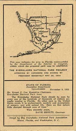 The original Everglades National Park boundaries included parts of Big Cypress Swamp. 1934 postcard.