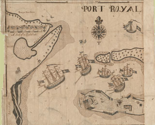 John Taylor. Port Royal. 1688. 32 x 39 cm. National Library of Jamaica, NLJ ms 105. This is one of only a handful of eyewitness drawings of Port Royal before the 1692 earthquake. Note Fort Charles at the southwest of the town.