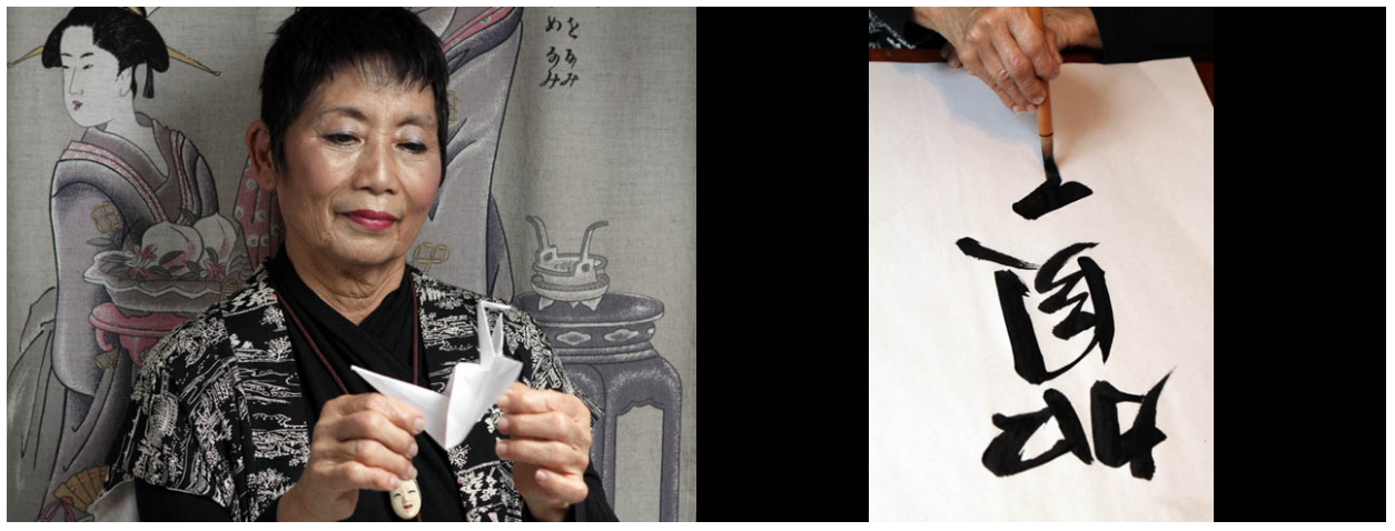 Mieko Kubota folds a paper crane and demonstrates calligraphy