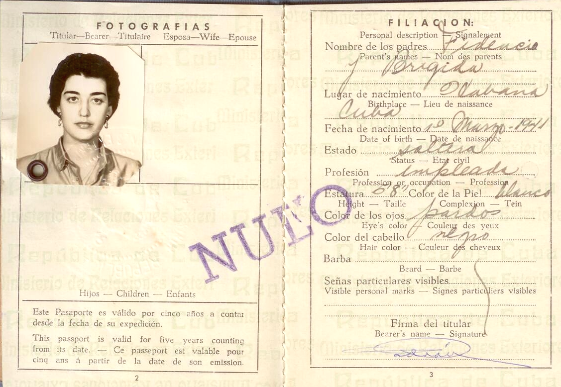 A photo of a woman's Cuban passport from the 1960s.